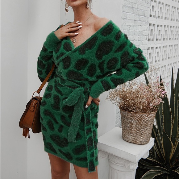 🆕🔥Leopard V Neck Tie Belt Sweater Dress Jade - Picture 2 of 6